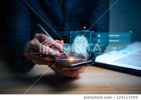 Cyber security concept Fingerprint scanning prevents access, security and identity of big data businesses. Future technology security and cybernetics in internet, banking and cloud computing. 124113509