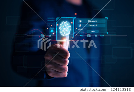 Cyber security concept Fingerprint scanning prevents access, security and identity of big data businesses. Future technology security and cybernetics in internet, banking and cloud computing. Cyber security concept Fingerprint scanning prevents access, security and identity of big data businesses. Future technology security and cybernetics in internet, banking and cloud computing. 124113518