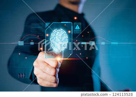 Cyber security concept Fingerprint scanning prevents access, security and identity of big data businesses. Future technology security and cybernetics in internet, banking and cloud computing. Cyber security concept Fingerprint scanning prevents access, security and identity of big data businesses. Future technology security and cybernetics in internet, banking and cloud computing. 124113528