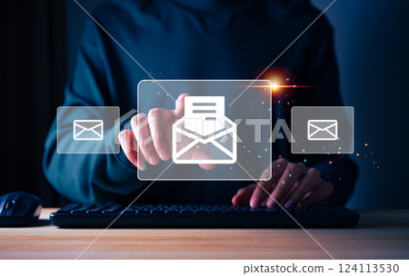 Digital email communication concepts, Businessman sending email to customer, business contact and communication, email marketing concept, send e-mail or newsletter, online working internet network. Digital email communication concepts, Businessman sending email to customer, business contact and communication, email marketing concept, send e-mail or newsletter, online working internet network. 124113530
