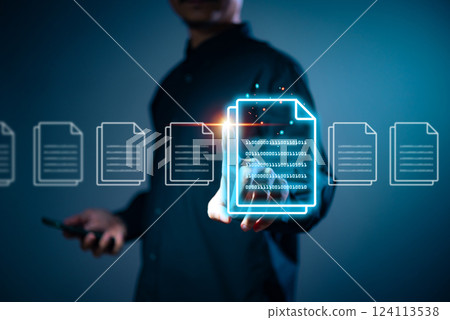 Businessman using hologram the online documents, concept of quality control certificate ,inspection ,product warranty ,rules and policies ,terms and conditions , Document verification 124113538