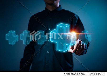 Businessman touching virtual blue plus sign to offer positive thing with thinking mindset or healthcare insurance symbol concept, like benefits, personal development, health insurance, growth 124113539