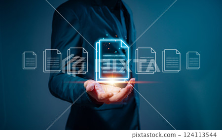 Businessman using hologram the online documents, concept of quality control certificate ,inspection ,product warranty ,rules and policies ,terms and conditions , Document verification 124113544