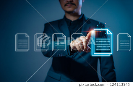 Businessman using hologram the online documents, concept of quality control certificate ,inspection ,product warranty ,rules and policies ,terms and conditions , Document verification 124113545