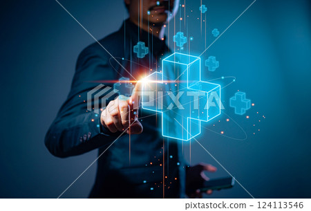 Businessman touching virtual blue plus sign to offer positive thing with thinking mindset or healthcare insurance symbol concept, like benefits, personal development, health insurance, growth 124113546