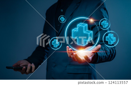 Businessman holding virtual blue plus sign to offer positive thing with thinking mindset or healthcare insurance symbol concept, like benefits, personal development, health insurance, growth concepts. Businessman holding virtual blue plus sign to offer positive thing with thinking mindset or healthcare insurance symbol concept, like benefits, personal development, health insurance, growth concepts. 124113557