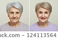 Transformation portraits of elderly caucasian female showing age and makeup effects 124113564
