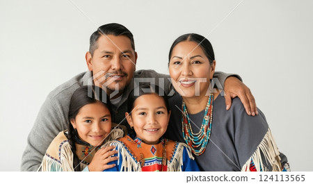 Native american family celebrating tradition with cultural attire for diversity awareness 124113565