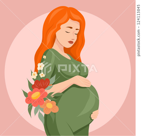 Vector red-haired pregnant woman with flowers. Joyful expectation of a child. Postcard with a healthy pregnant woman in a flat style. 124113845