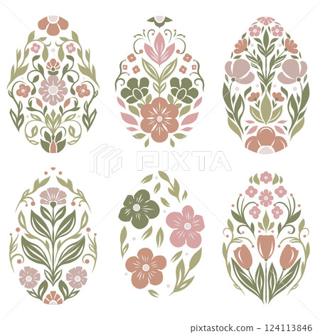 Vector gentle festive set of Easter egg clip arts in folk art style. Collection of tracery decorative holiday eggs silhouettes in pastel colors. 124113846