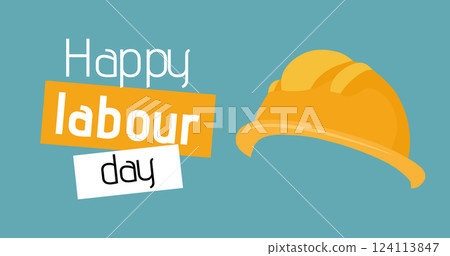 Happy labour day. Vector horizontal card with text and protective helmet in flat style. Professional builder holiday. 124113847