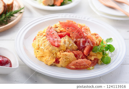 Home-cooked tomato and egg stir-fry 124113916