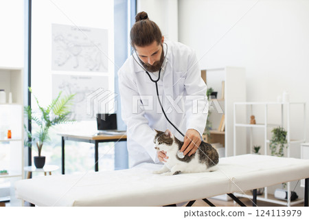 Male veterinarian in mid-20s examining tabby cat in clinic using stethoscope. Modern room with white furniture and plants. Professional setting for pet health assessment, ensuring cat's health 124113979