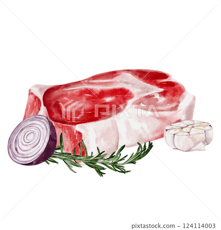 Piece of fresh meat with onion and garlic. Steak with rosemary. Watercolor illustration isolated from background. Half of red onion and chopped garlic. High quality illustration 124114003