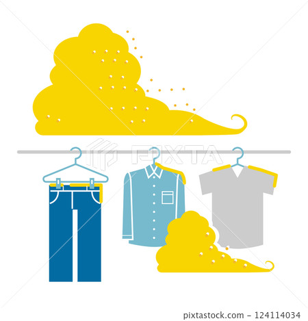 Illustration of yellow sand, PM2.5, pollen, air pollution, and laundry 124114034