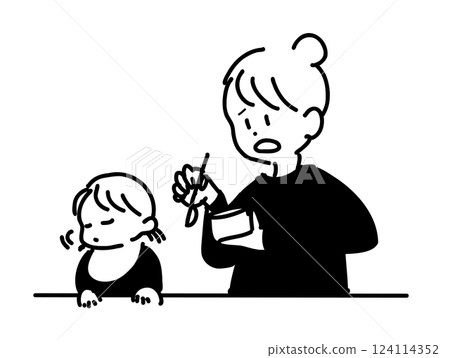 不吃嬰兒食品的孩子和母親 不吃嬰兒食品的孩子和母親 124114352