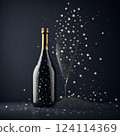 Black champagne bottle silhouette golden bubbles explosion. High quality photo 124114369