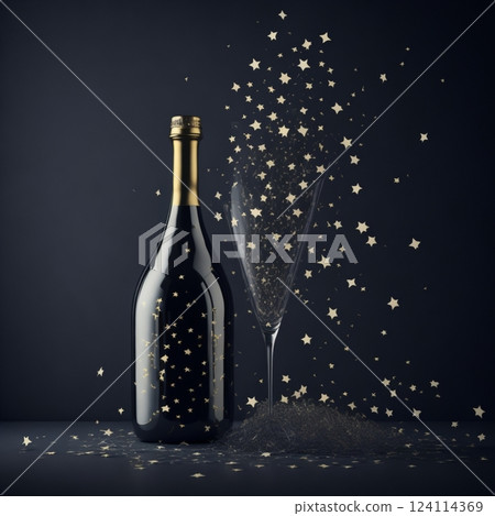 Black champagne bottle silhouette golden bubbles explosion. High quality photo 124114369