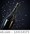 Black champagne bottle silhouette golden bubbles explosion. High quality photo 124114373