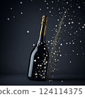 Black champagne bottle silhouette golden bubbles explosion. High quality photo 124114375