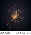 Burning Bengal fire on a black background. Christmas, New Year sparkle fire. Festive background, bengal light on the dark background. Fireworks. High quality photo 124114377