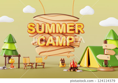 3d summer camp invitation poster with tent, campfire, wooden signboard. Cartoon landscape with trees, chairs, backpack, bowler. Forest camping, vacation, hiking trip, Render ad flyer. 3D illustration 3d summer camp invitation poster with tent, campfire, wooden signboard. Cartoon landscape with trees, chairs, backpack, bowler. Forest camping, vacation, hiking trip, Render ad flyer. 3D illustration 124114379