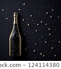Black champagne bottle silhouette golden bubbles explosion. High quality photo 124114380