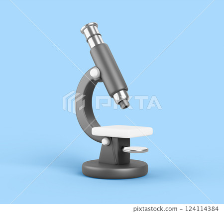 Microscope 3d render icon. Realistic equipment for science or medical laboratory. Black silver optical instrument for chemistry and biology research, education and medicine on blue bg. 3D illustration Microscope 3d render icon. Realistic equipment for science or medical laboratory. Black silver optical instrument for chemistry and biology research, education and medicine on blue bg. 3D illustration 124114384