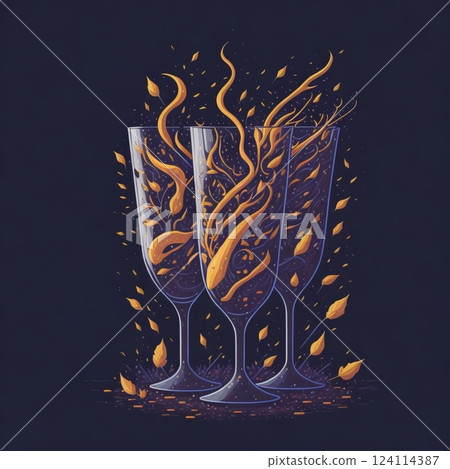 Clinking glasses with wine and toasting against a blue sky, cheers concept. Computer generated illustration. High quality photo 124114387