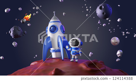 3d cute kid astronaut and rocket on Mars surface render. Cosmonaut in spacesuit waving explore outer space. Cartoon alien planet landscape with crater, moon and meteorite in night sky. 3D illustration 124114388