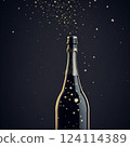 Black champagne bottle silhouette golden bubbles explosion. High quality photo 124114389