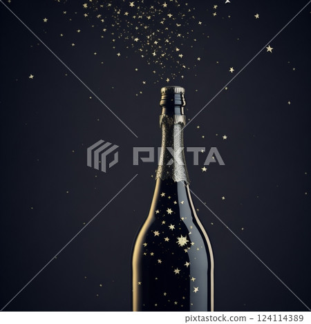 Black champagne bottle silhouette golden bubbles explosion. High quality photo 124114389