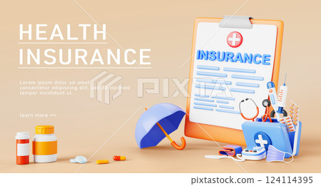 3d health insurance banner. Healthcare, personal medical protection concept. Render clipboard with claim form, umbrella, first aid medicine bag, stethoscope, syringe, pharmacy drugs. 3D illustration 124114395