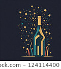Black champagne bottle silhouette golden bubbles explosion. High quality photo 124114400
