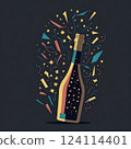 Black champagne bottle silhouette golden bubbles explosion. High quality photo 124114401