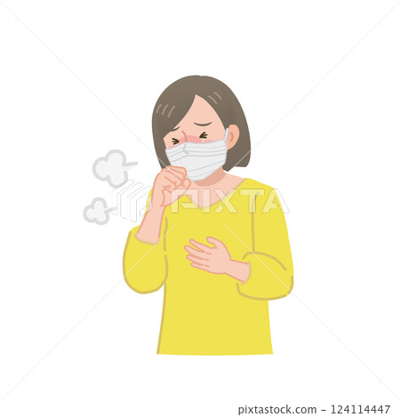 A woman coughing while wearing a mask 124114447