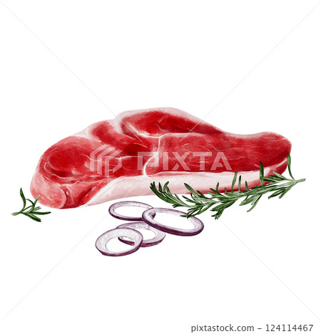 Raw steak. Piece of meat with onion and rosemary. Watercolor illustration isolated from background. Beef or lamb meat. Red onion cut into rings. High quality illustration 124114467