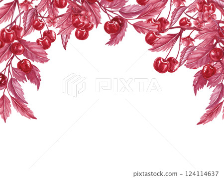 Frame with cherry branches located on top. Red berries cherries twigs. Watercolor illustration in monochrome style isolated from background. For packaging frozen ice cream, dessert, jelly, marmalade Frame with cherry branches located on top. Red berries cherries twigs. Watercolor illustration in monochrome style isolated from background. For packaging frozen ice cream, dessert, jelly, marmalade 124114637