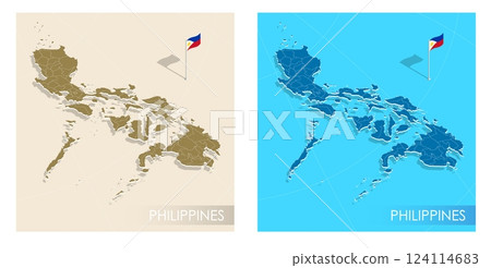 Philippine country flag installed on geographic positioning map point of country territory. Filipino commonwealth banner on land and sea. Festive patriotic HD format template for independence day 124114683