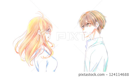 Men and women facing each other with smiles 124114688