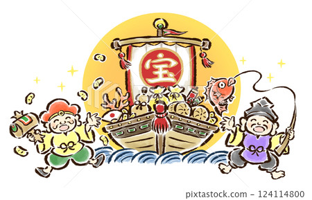 Ebisu and Daikokuten rejoicing in a golden treasure ship - hand-drawn illustration 124114800