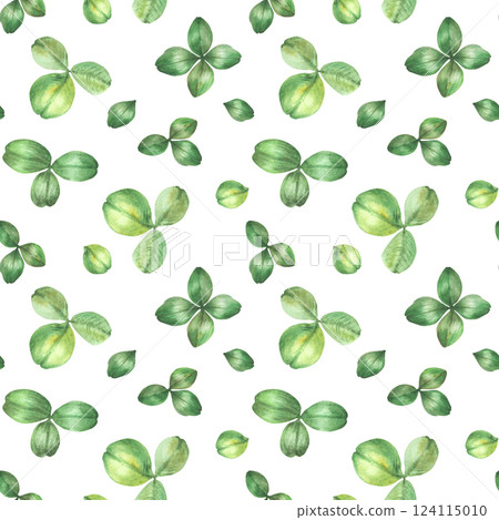 Clover green leaves seamless pattern. Watercolor Botanical hand drawn realistic illustration. Wildflowers leaf, floral good luck, St Patricks Day symbol for fabric print on Isolated white background  124115010