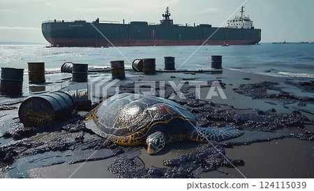 A sea turtle, covered in thick oil, struggles to move across a contaminated beach, its shell and flippers drenched in dark, sticky petroleum. 124115039