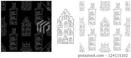 Monochrome houses. Set city seamless patterns Monochrome houses. Set city seamless patterns 124115102