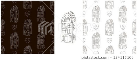Monochrome houses. Set city seamless patterns 124115103