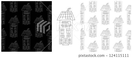 Monochrome houses. Set city seamless patterns 124115111