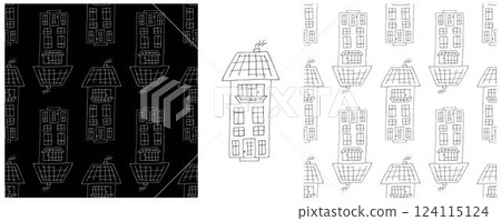 Monochrome houses. Set city seamless patterns 124115124