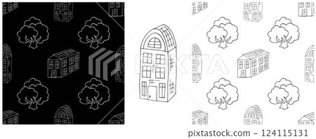 Monochrome houses. Set city seamless patterns Monochrome houses. Set city seamless patterns 124115131