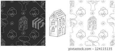 Monochrome houses. Set city seamless patterns 124115135