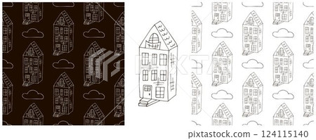 Monochrome houses. Set city seamless patterns 124115140